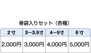 骨袋入りセット(各種)料金表